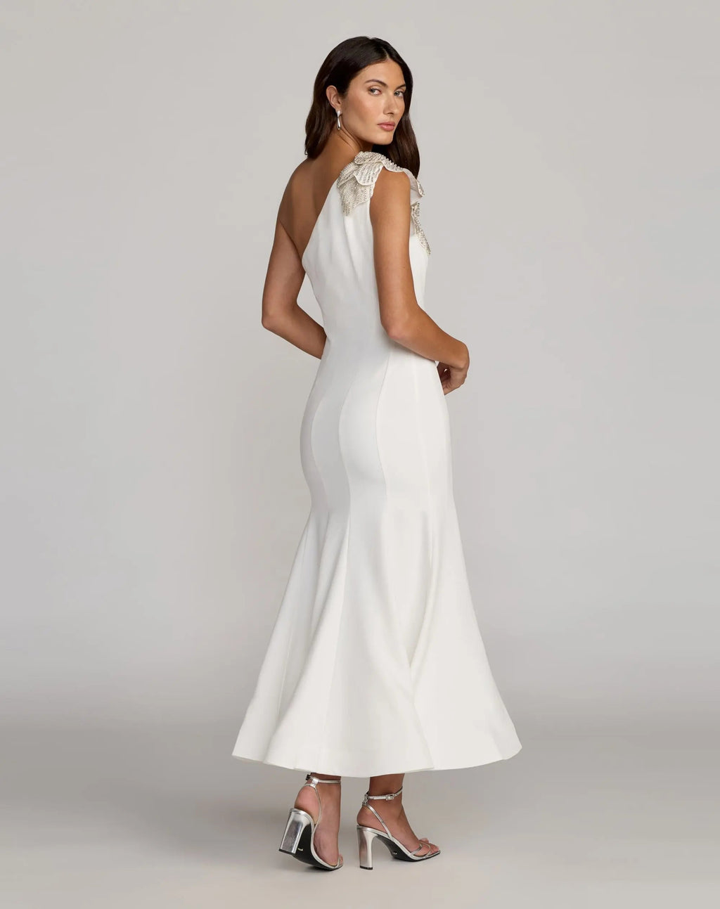 White Crepe One Shoulder Midi Dress with Flower