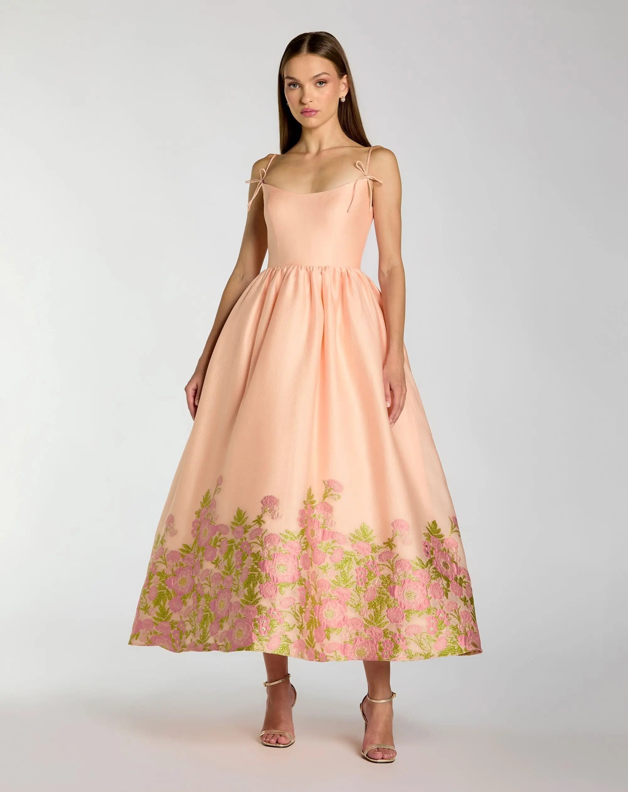 Peach Spaghetti Strap Organza Midi Dress With Bow Detail