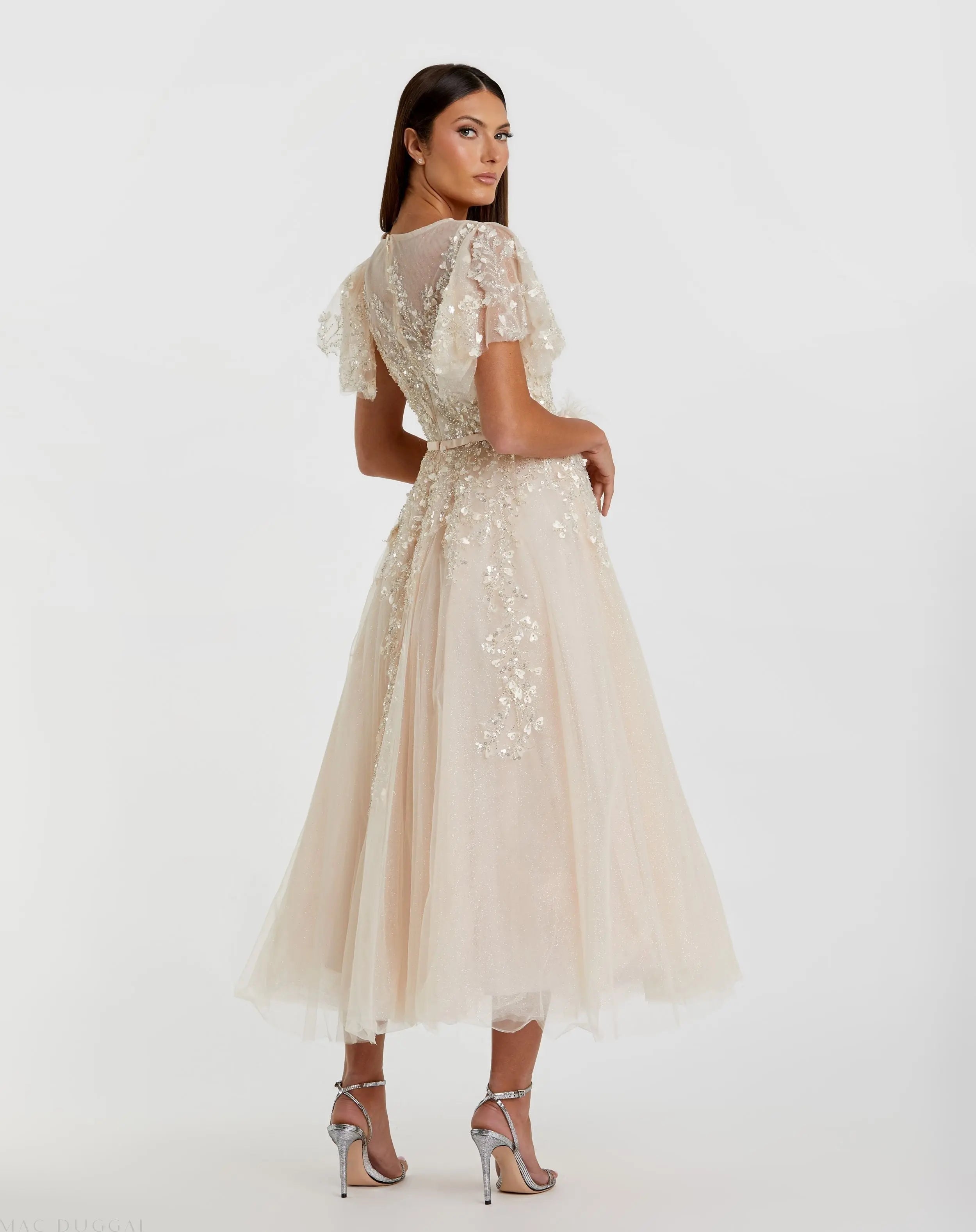 Beige Embellished Flutter Sleeve Bow Waist A Line Dress - FINAL SALE