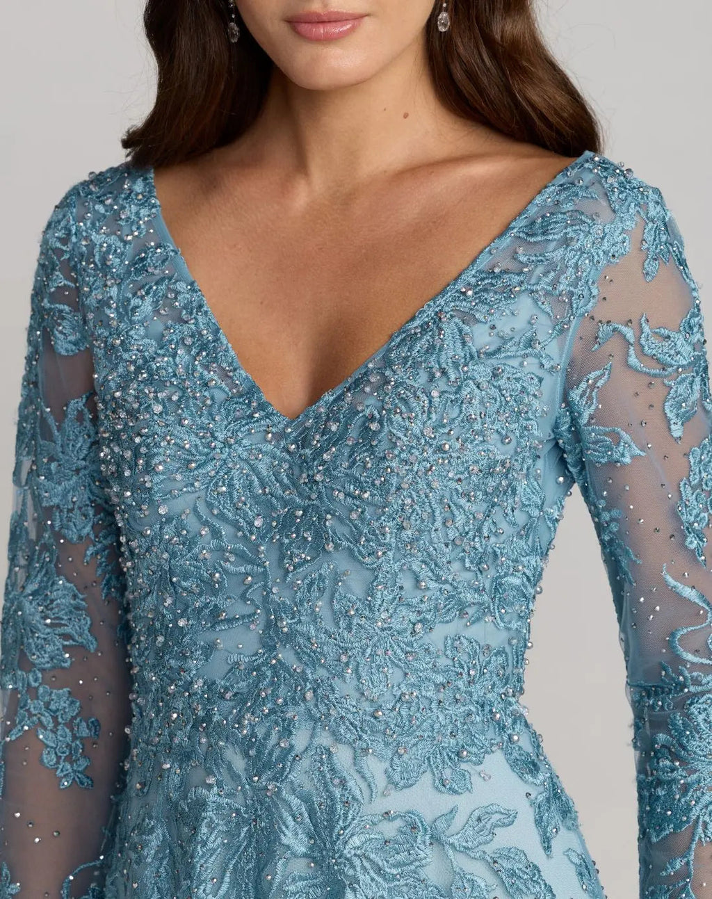 Blue Embroidered Long Sleeve A-Line Gown