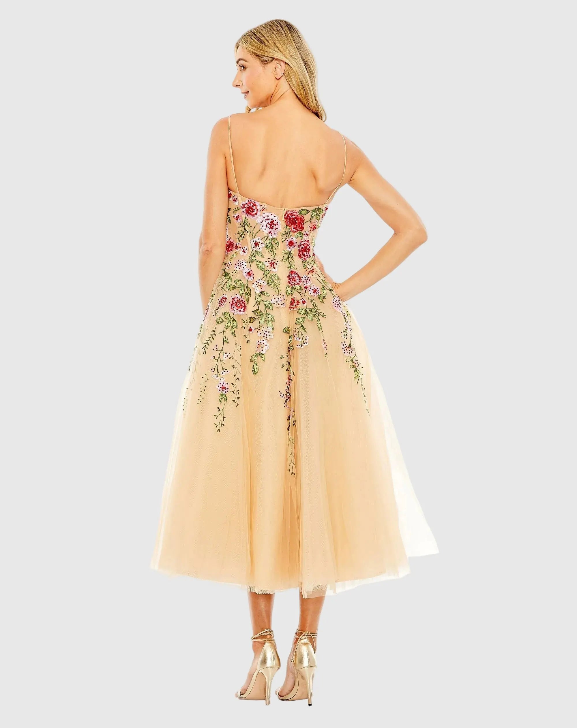 Beige Bustier Embroidered Floral A-Line Dress