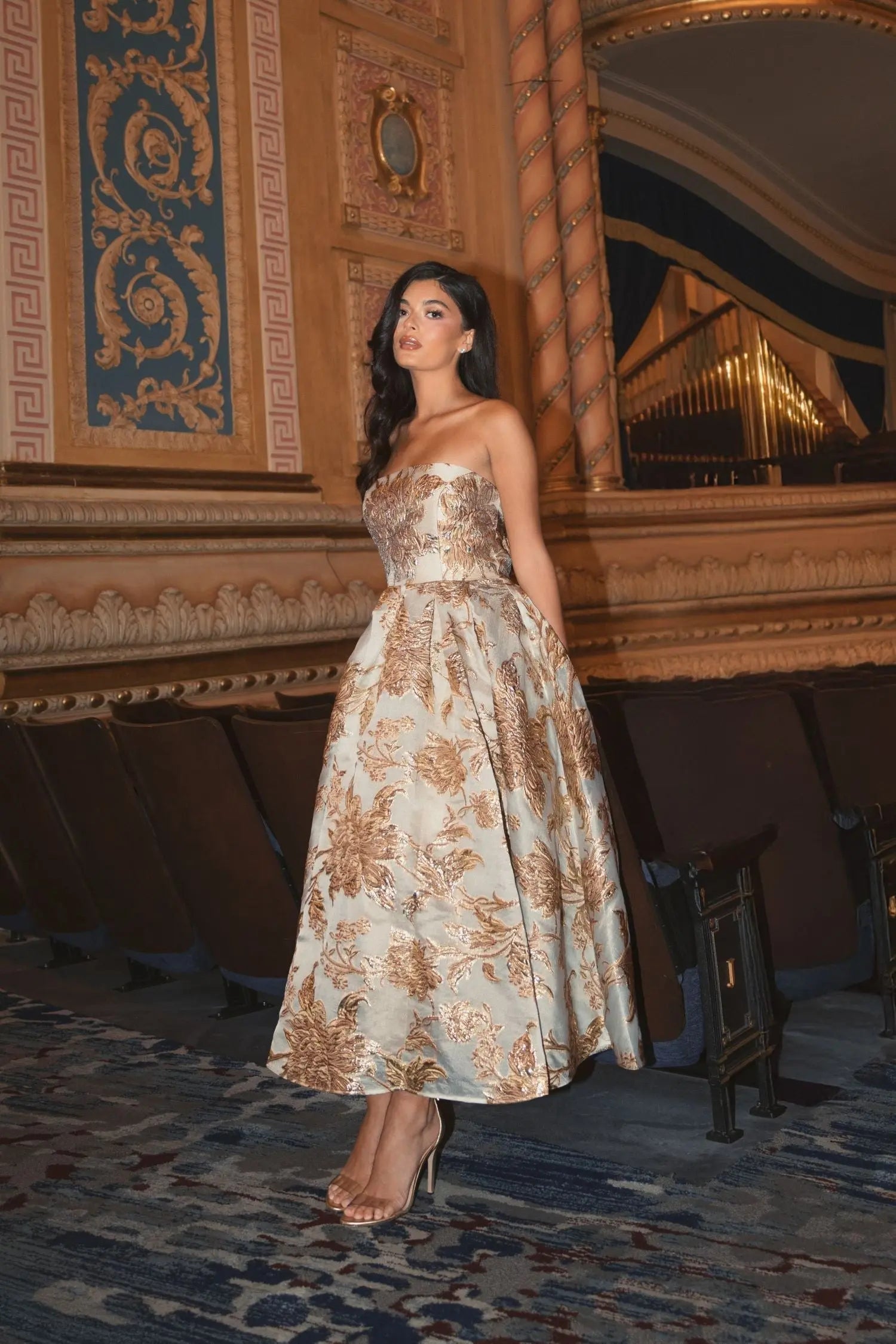 Gold Strapless Brocade Midi Dress with Pockets