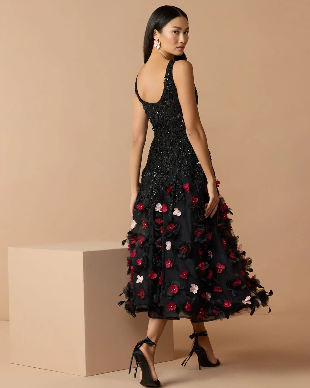 Black Sleeveless Beaded Midi Dress With 3D Flowers