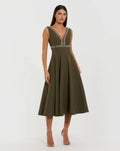 Green Rhinestone Embellished Crepe A Line Midi Dress
