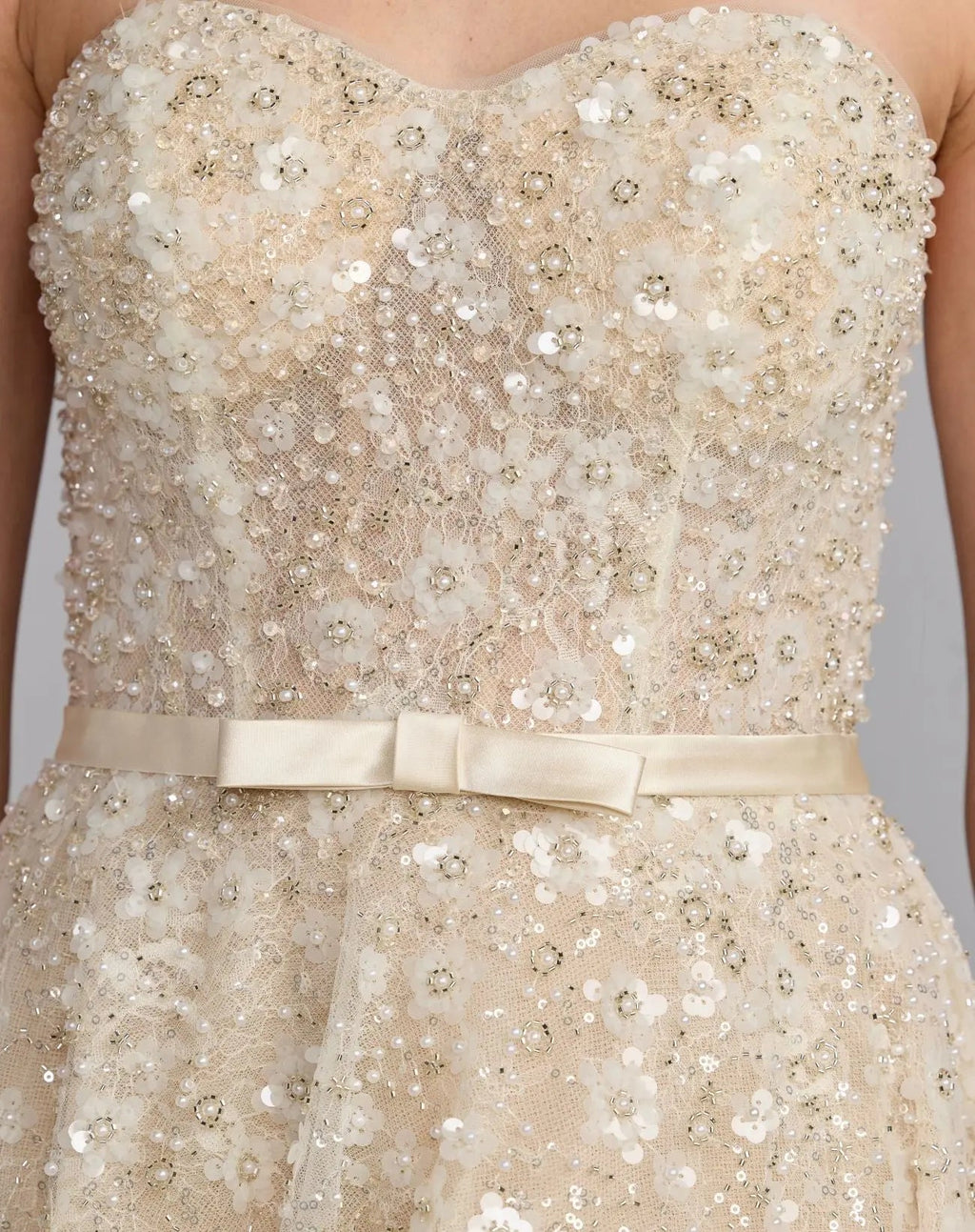Ivory Strapless Embellished Lace A-Line Midi Dress