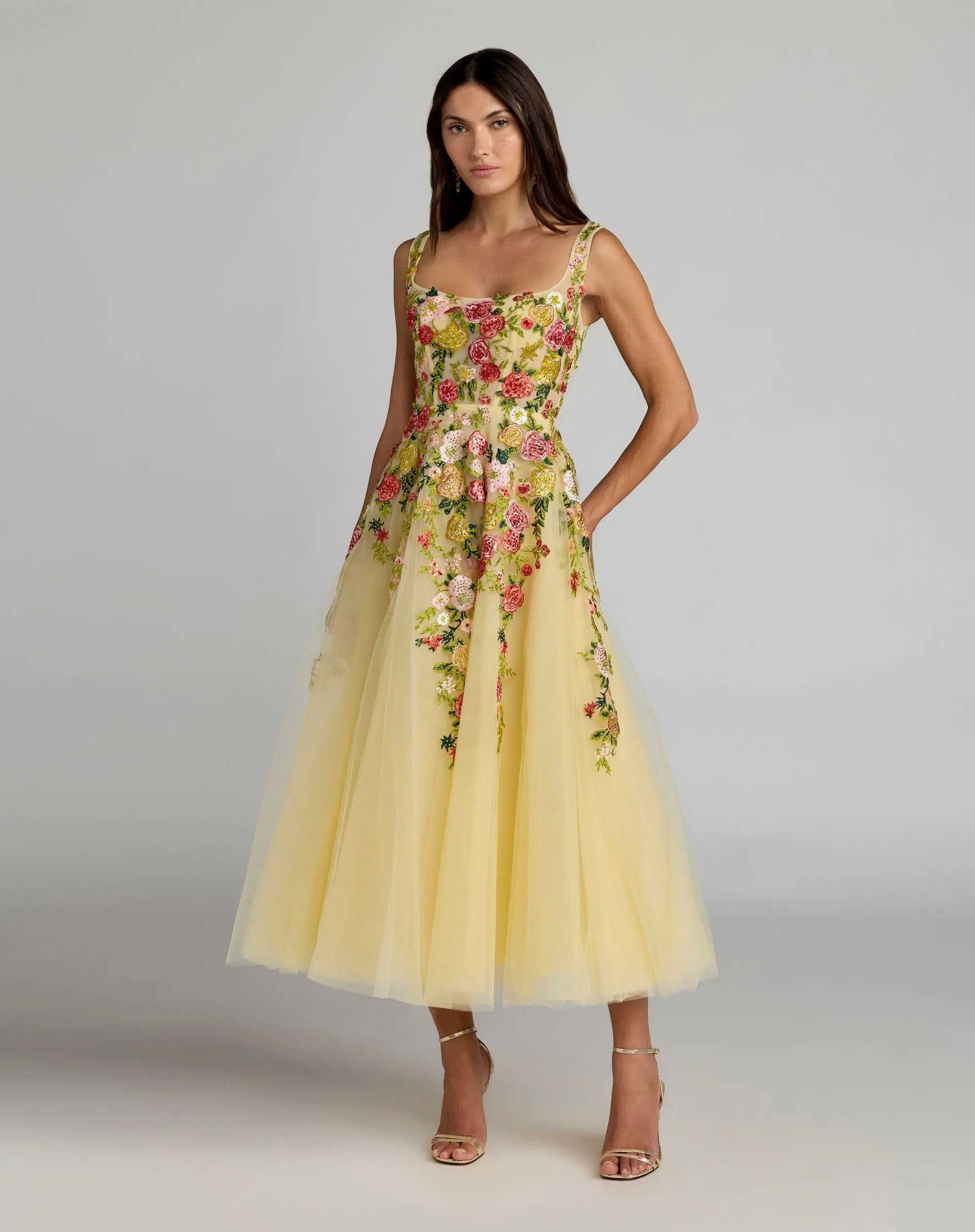 Yellow Embroidered Tulle A-Line Midi Dress