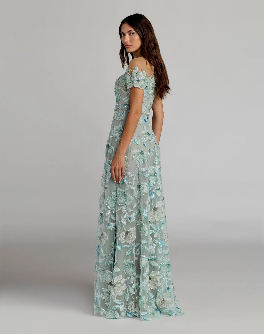 Green High Neck Cap Sleeve Embellished A-Line Gown