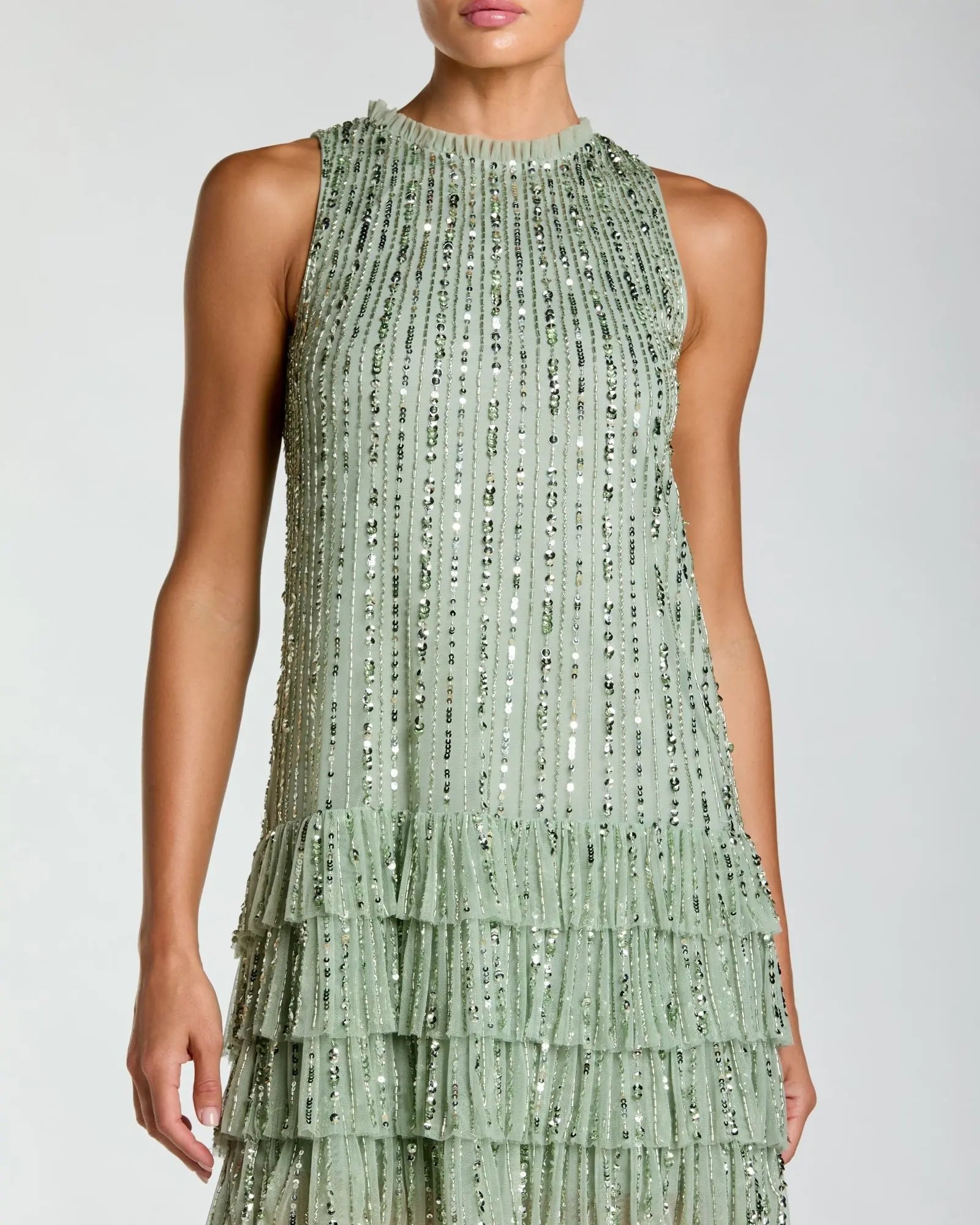 Green Striped Sequin Tiered Ruffle Mini Dress