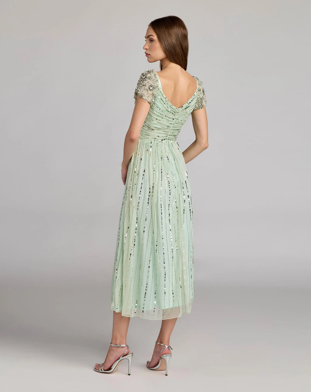 Green Sequin Jeweled V Neck Midi Dress