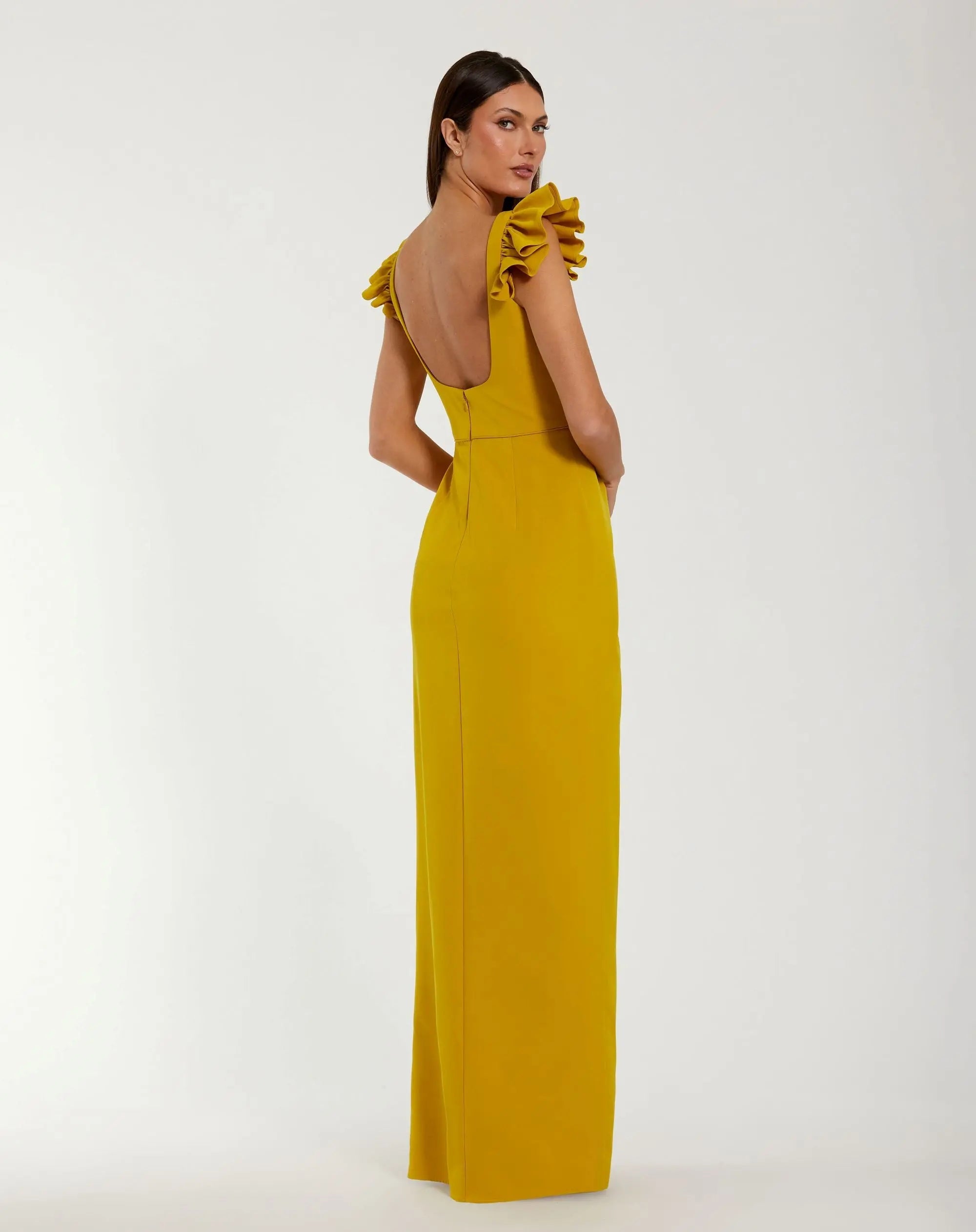 Yellow Square Neck Column Gown With Ruffle Detail