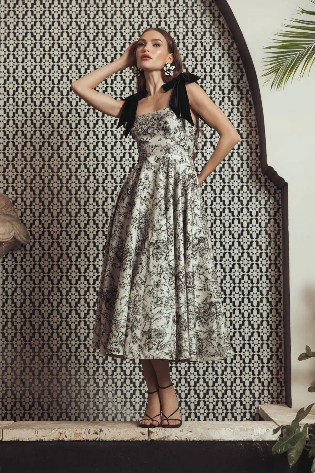 Black Ivory Brocade A Line Midi Dress With Bow Straps