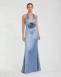 Blue Halter Neck Open Back Satin Gown With 3D Rosette