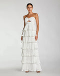 White Pleated Charmeuse Strapless Tiered Ruffle Gown