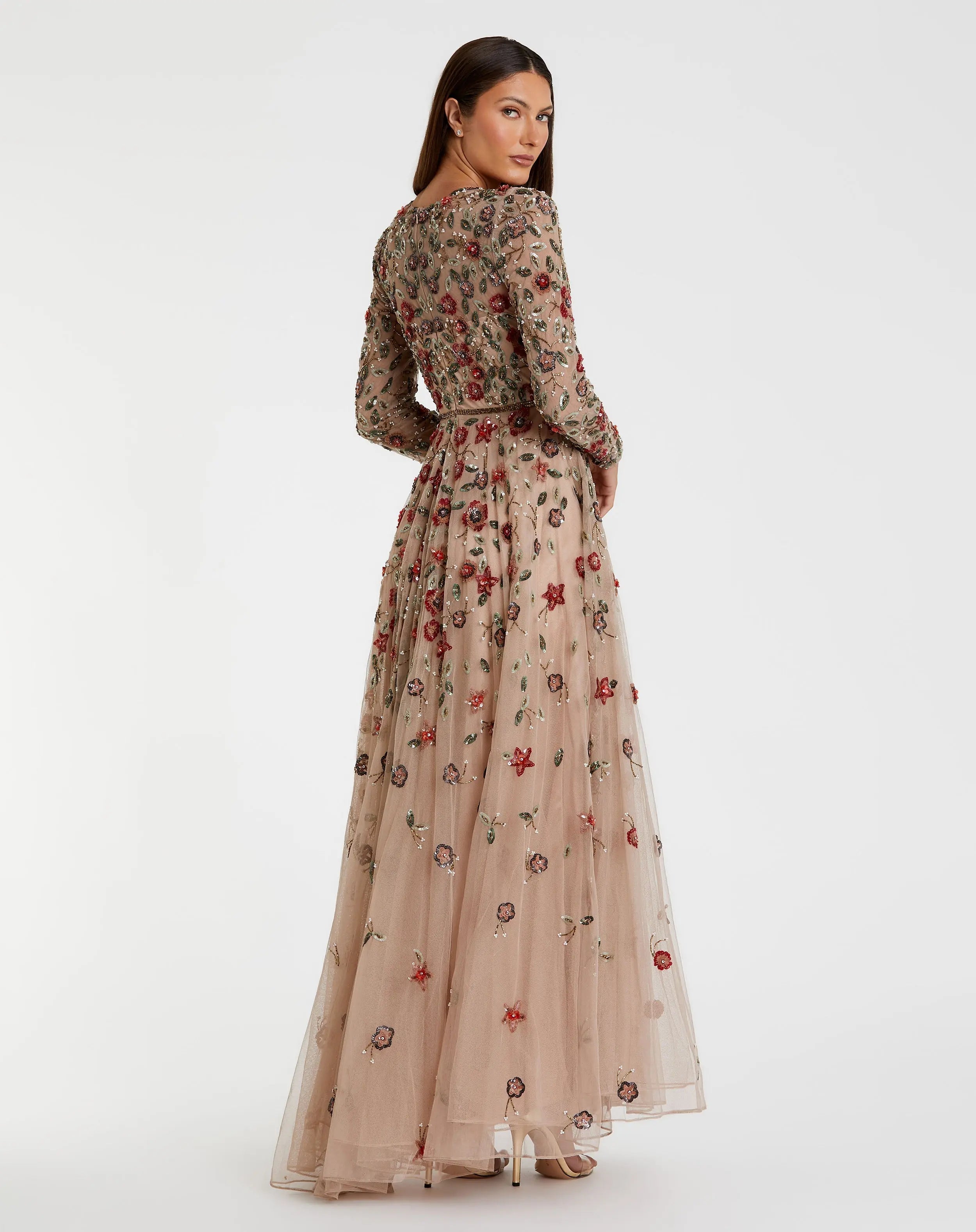 Beige Embellished High Neck Long Sleeve A Line Gown