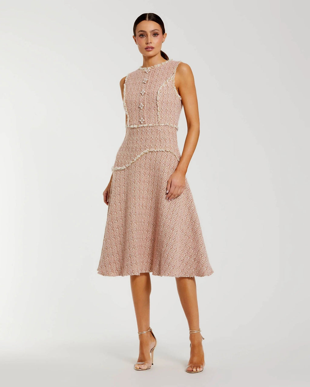 Light Pink Boucle Sleeveless Button Up Midi Dress