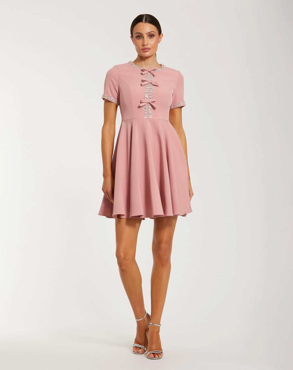 Pink Crepe A Line Mini Dress With Rhinestone Beading