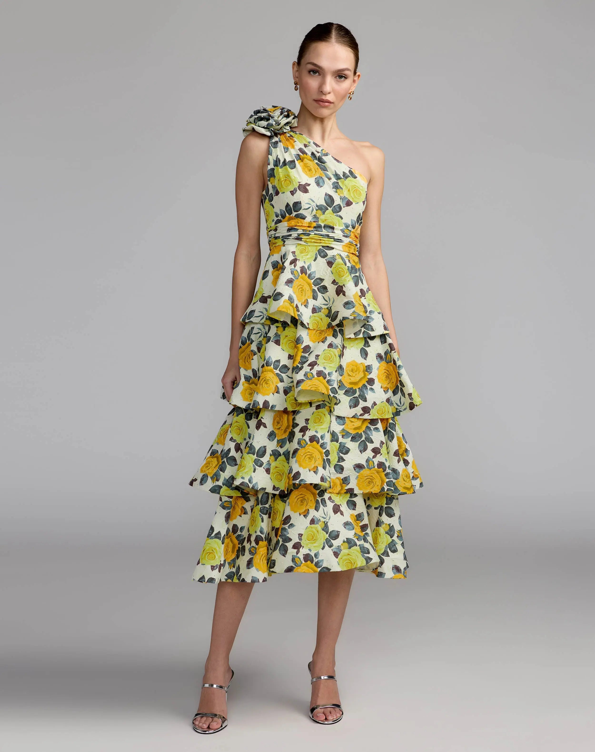 Yellow One Shoulder Floral Tiered Midi Dress