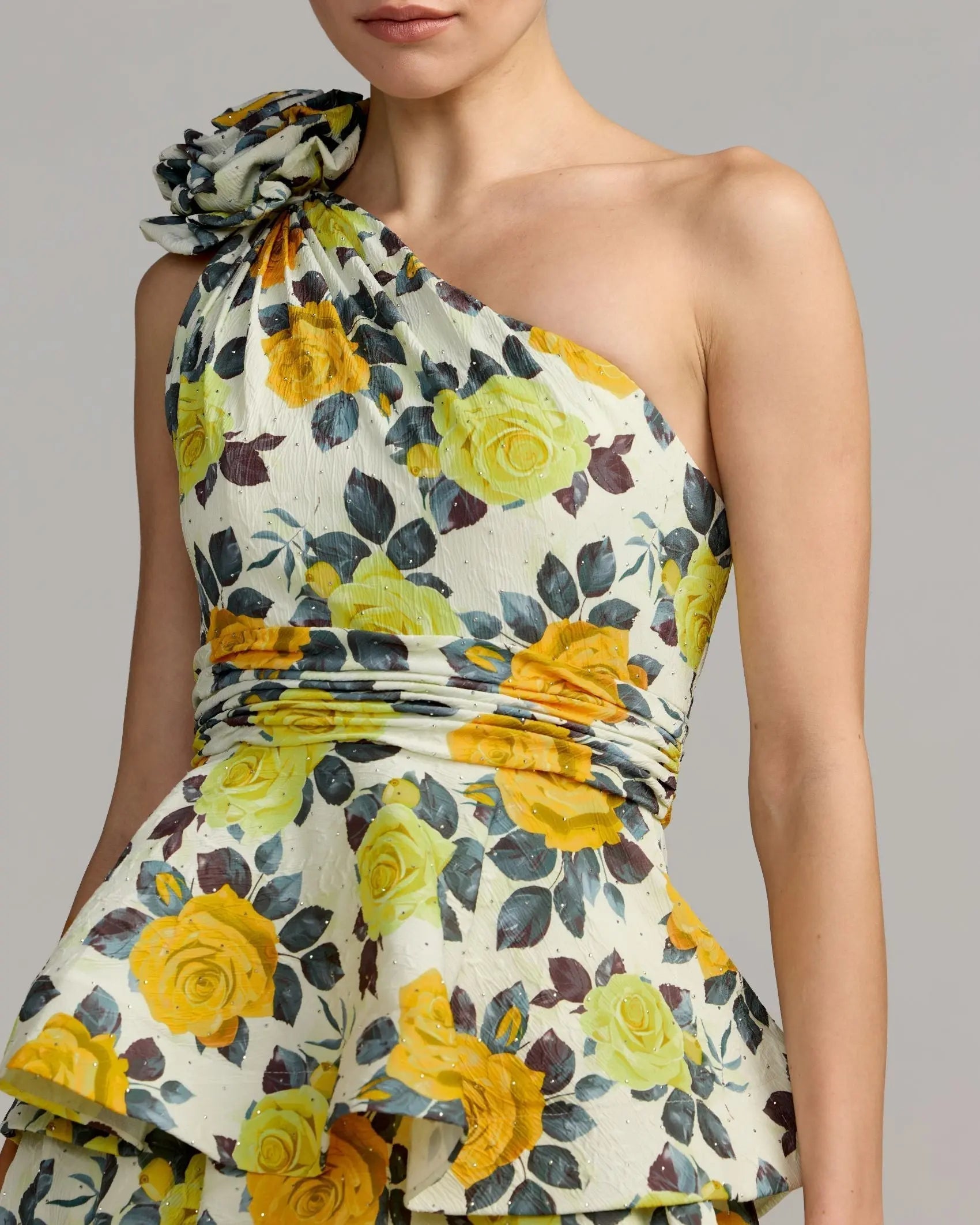 Yellow One Shoulder Floral Tiered Midi Dress