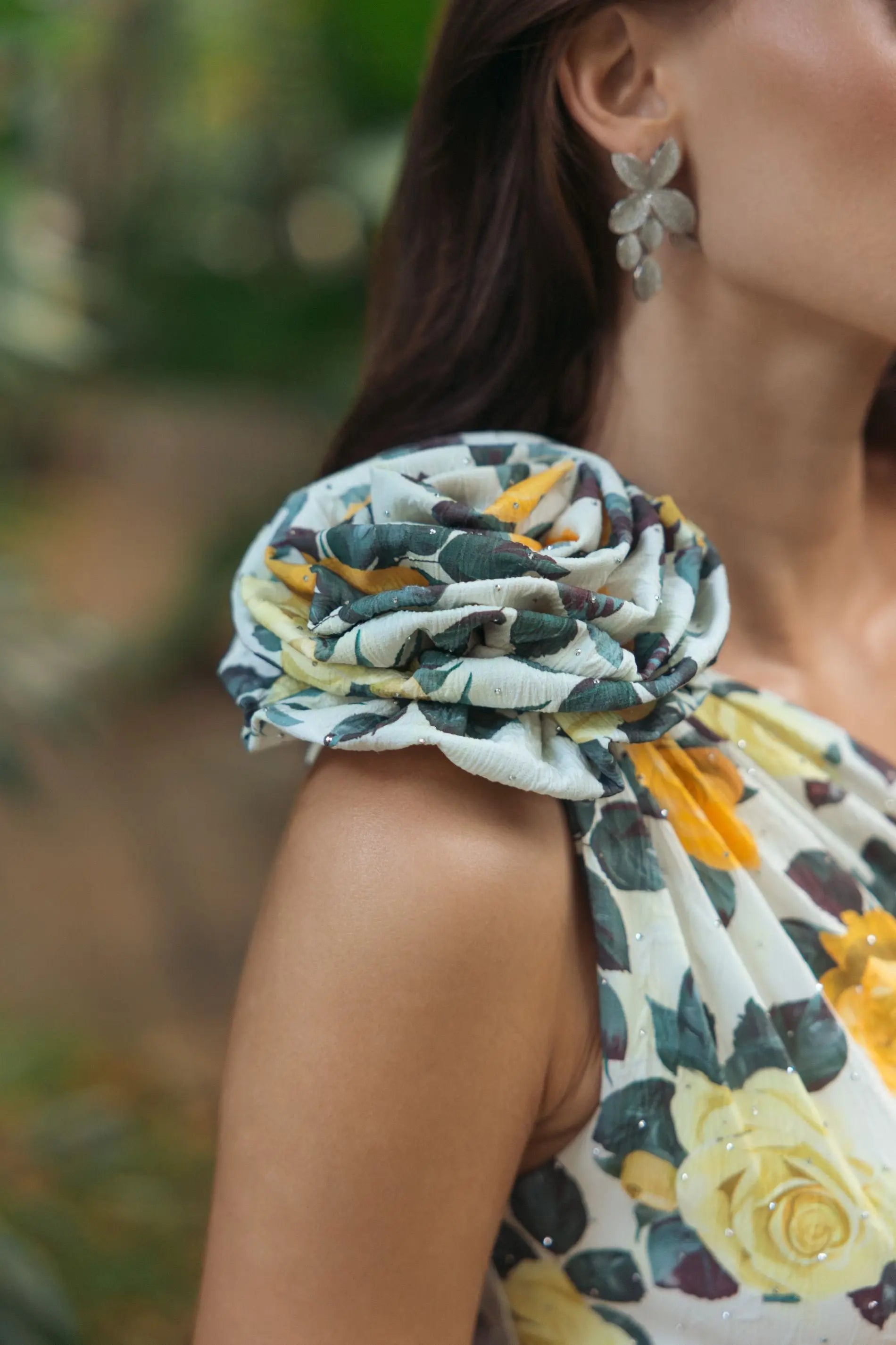 Yellow One Shoulder Floral Tiered Midi Dress