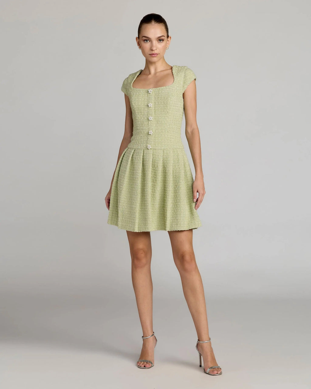 Green Tweed Cap Sleeve Pleated Mini Dress