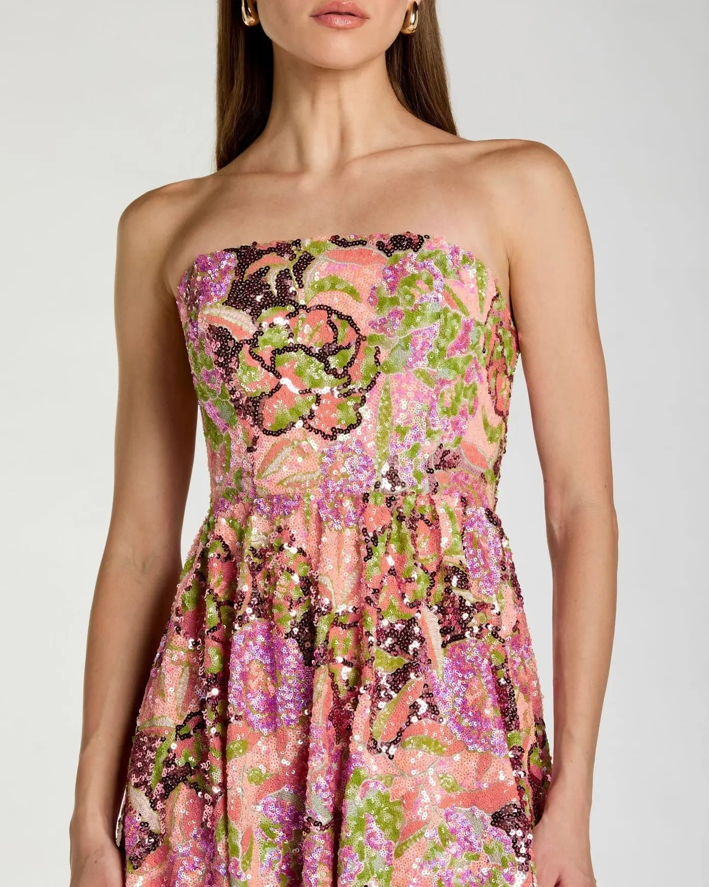 Multicolor Strapless Sequin Floral Midi Dress