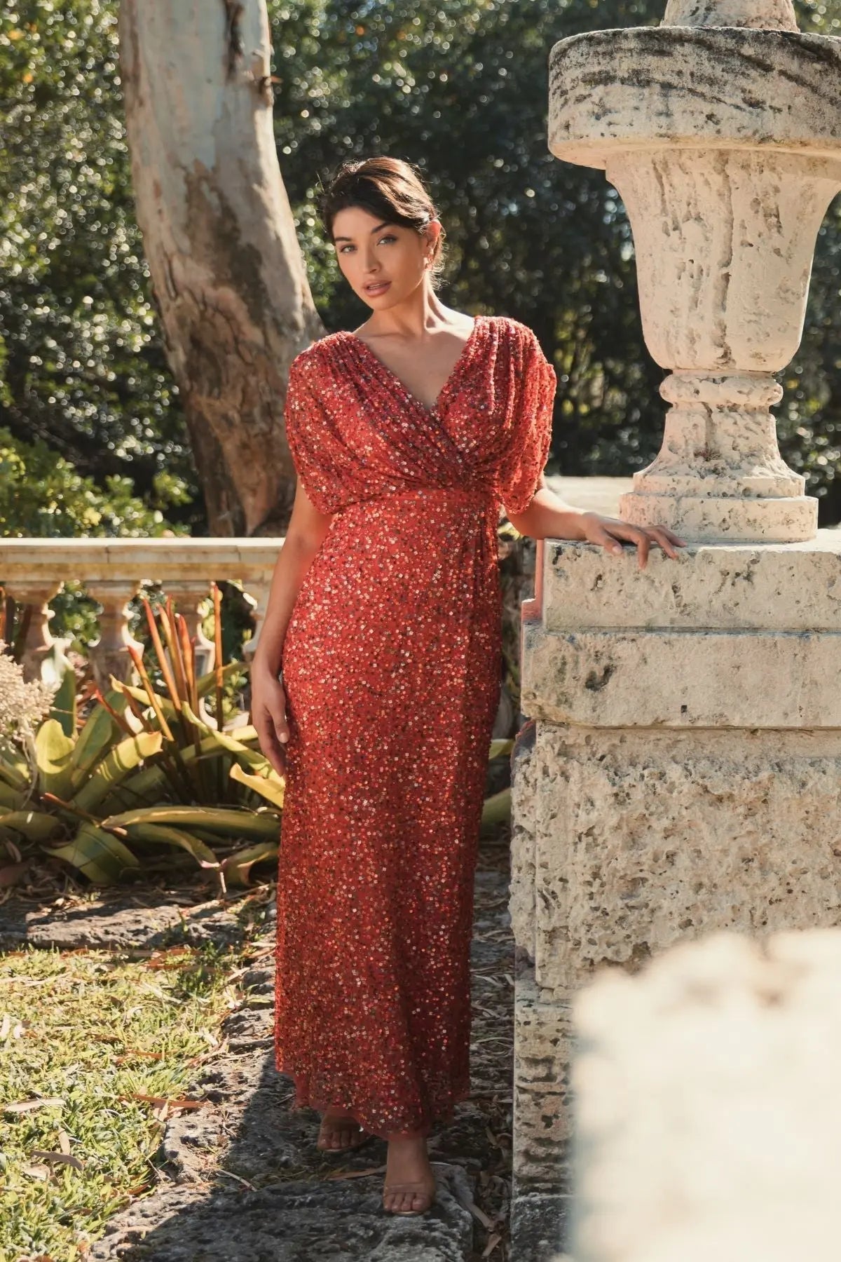Red Sequin Draped Sleeve V-Neck Gown