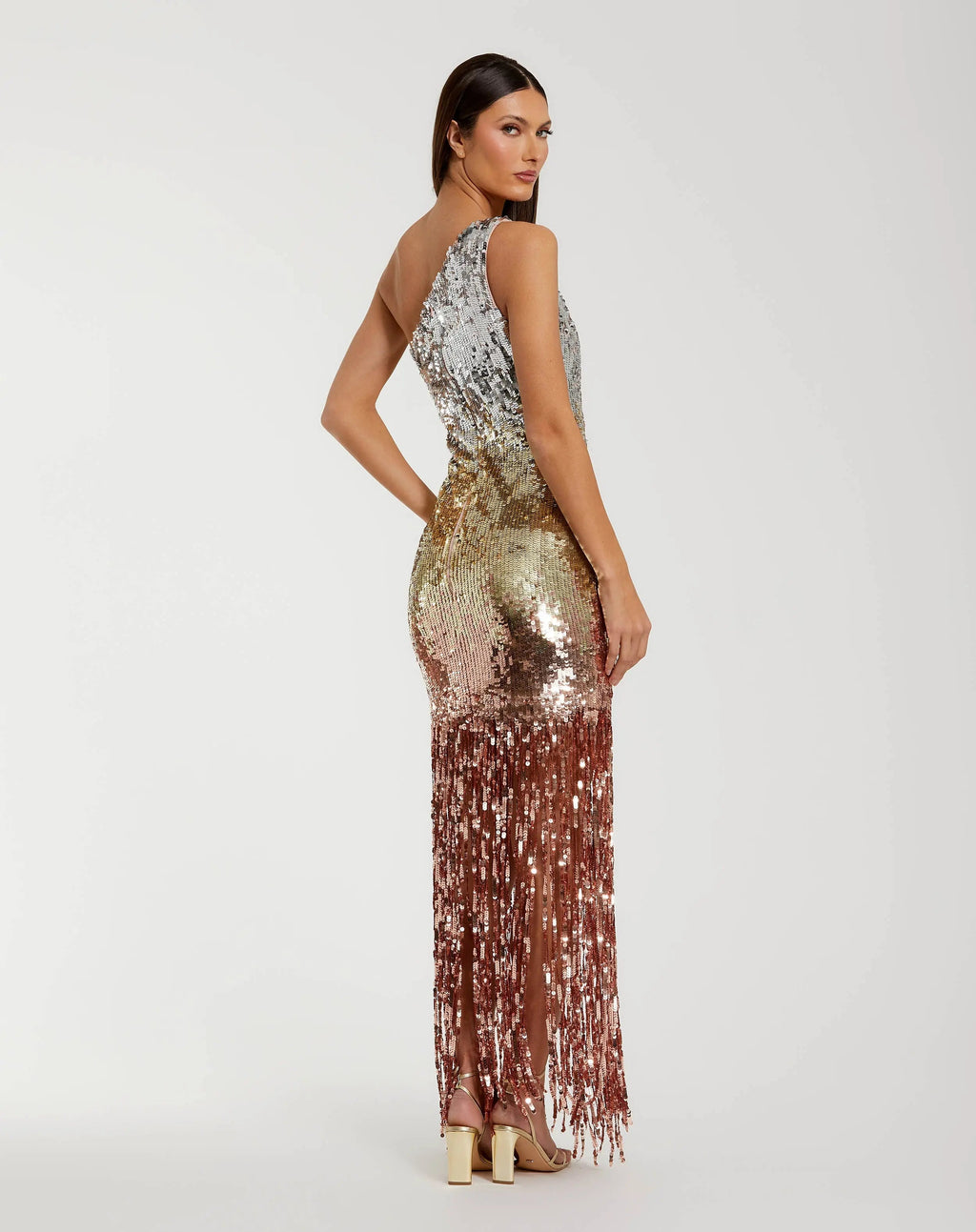Multicolor Metallic Sequin One Shoulder Fringe Dress