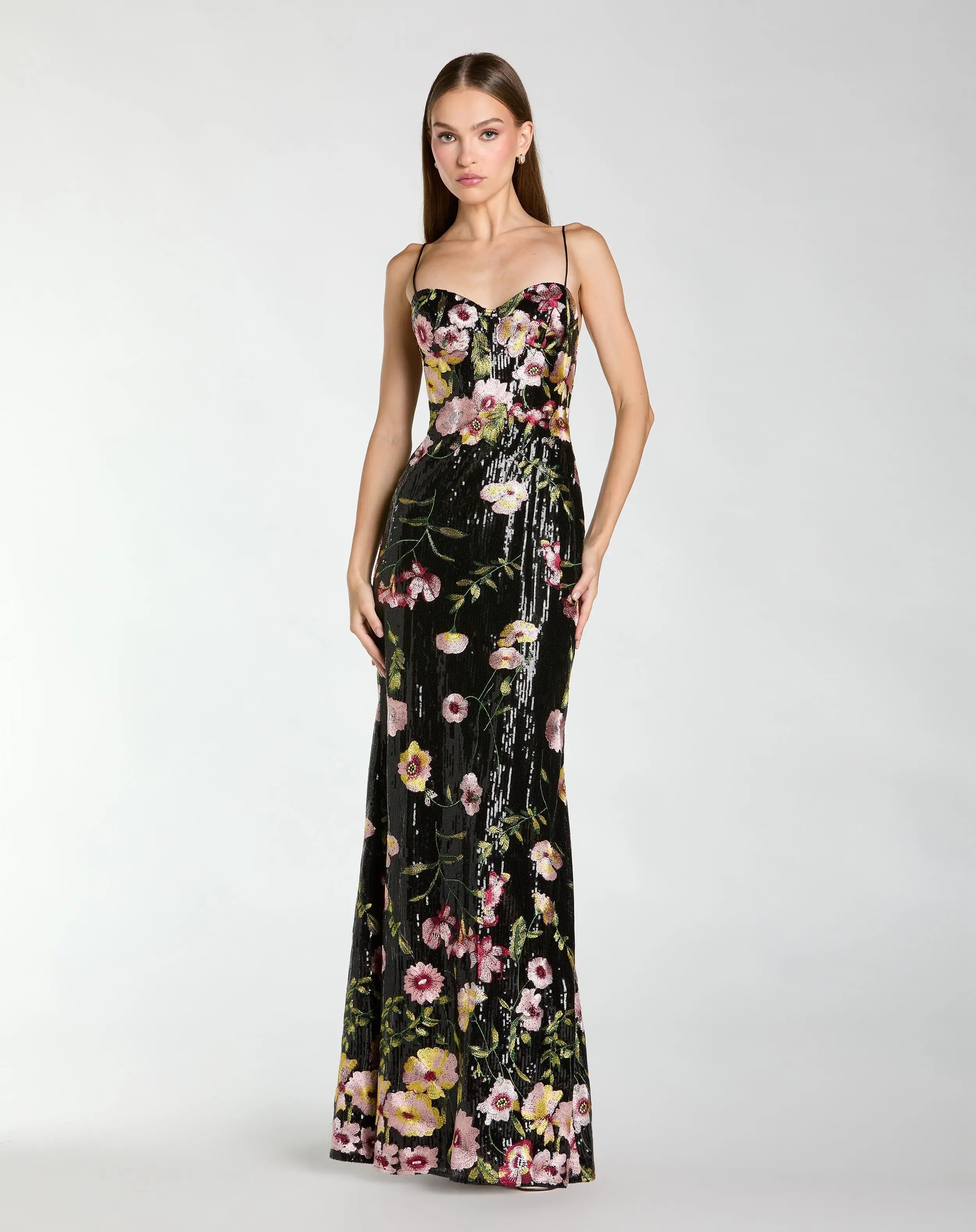 Black Sleeveless Bustier Floral Applique Gown