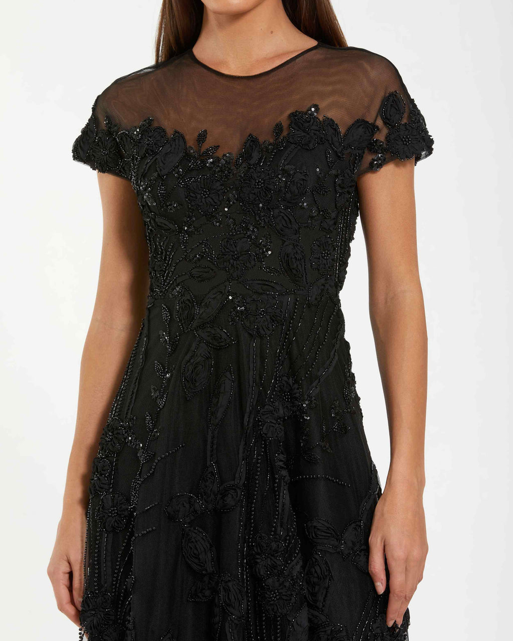 Black Embellished Lace Illusion Neck A-Line Cocktail Dress