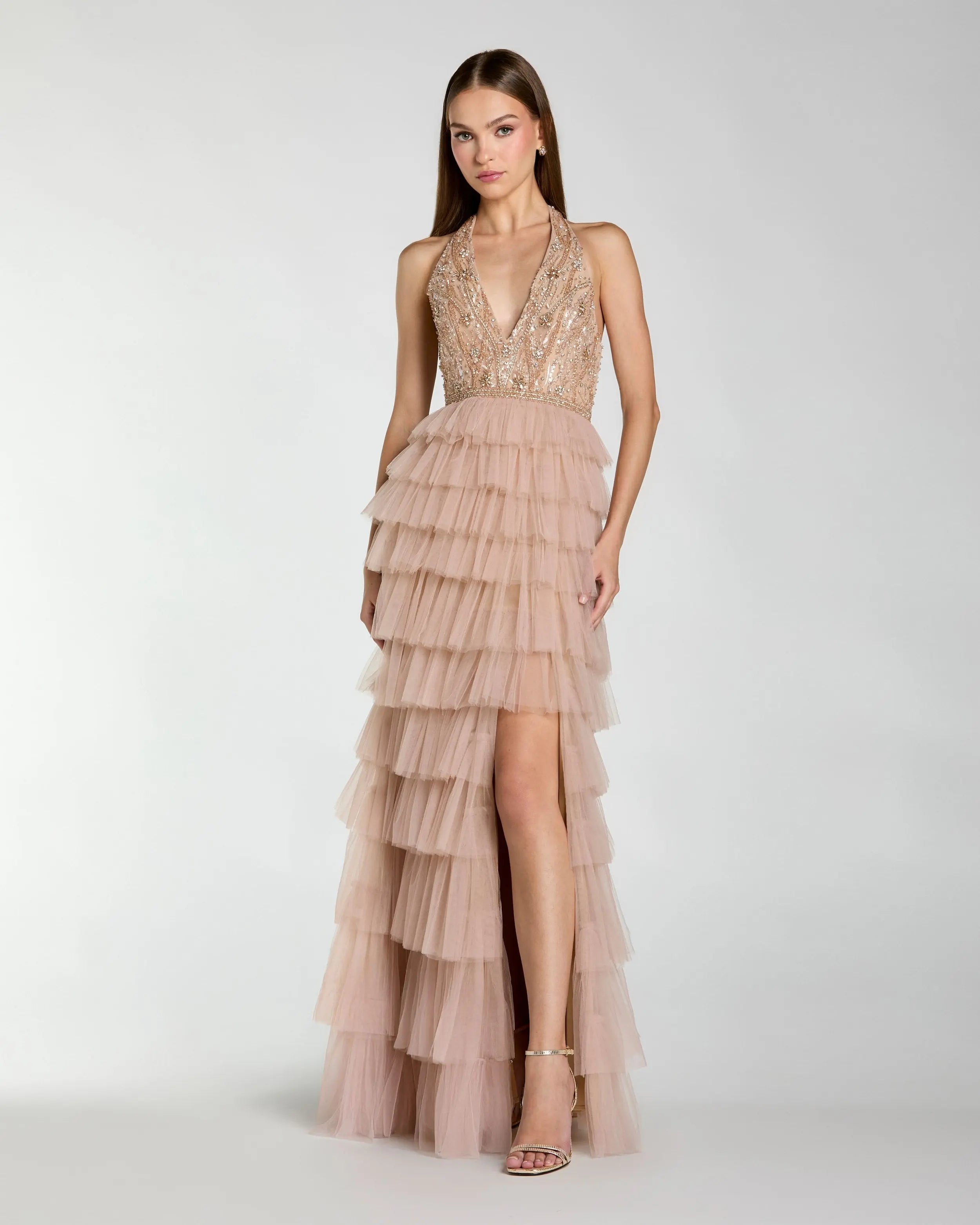 Beige Embellished Halter Neck Tiered Ruffle Gown