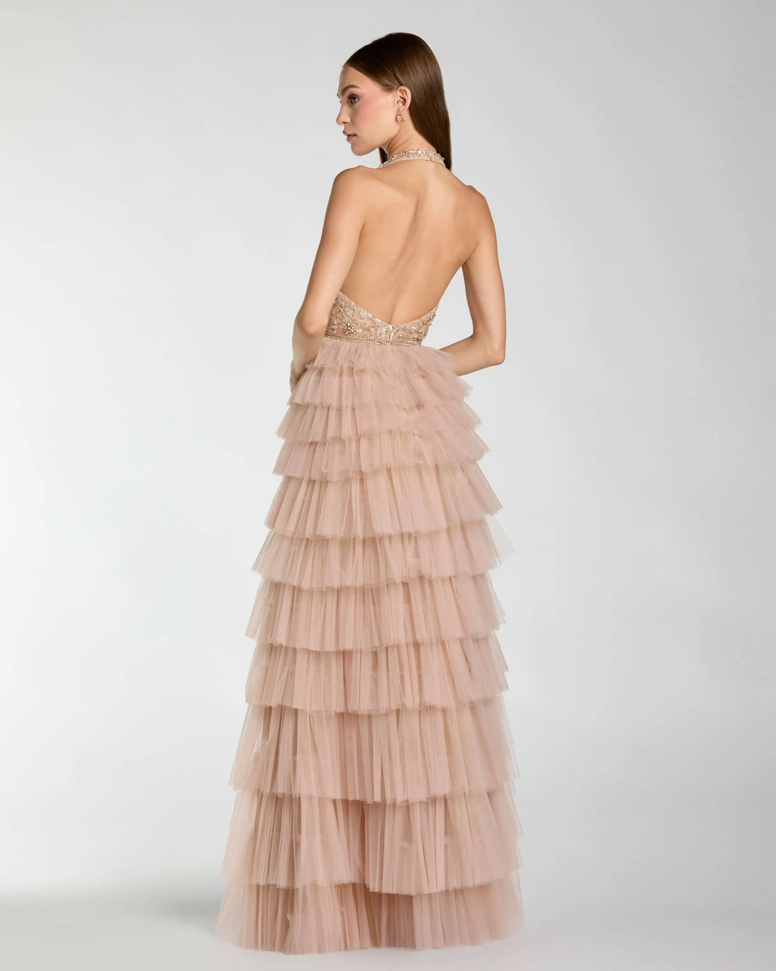 Beige Embellished Halter Neck Tiered Ruffle Gown