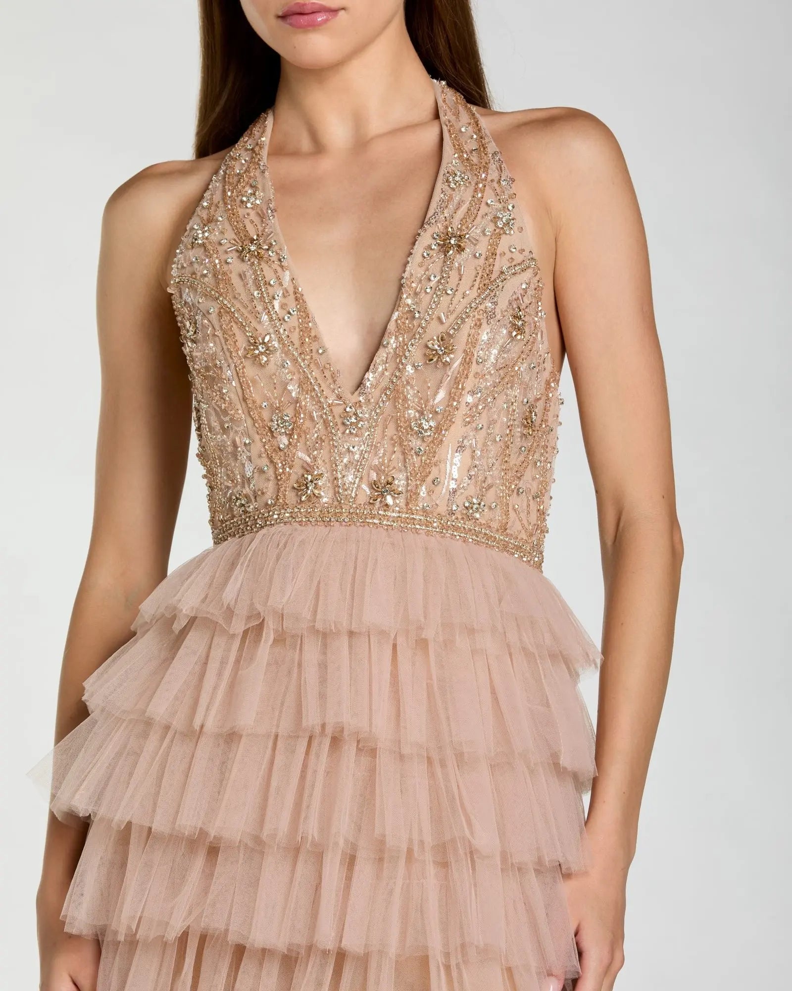 Beige Embellished Halter Neck Tiered Ruffle Gown