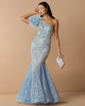 Blue Sleeveless One Shoulder Embroidered Mermaid Gown