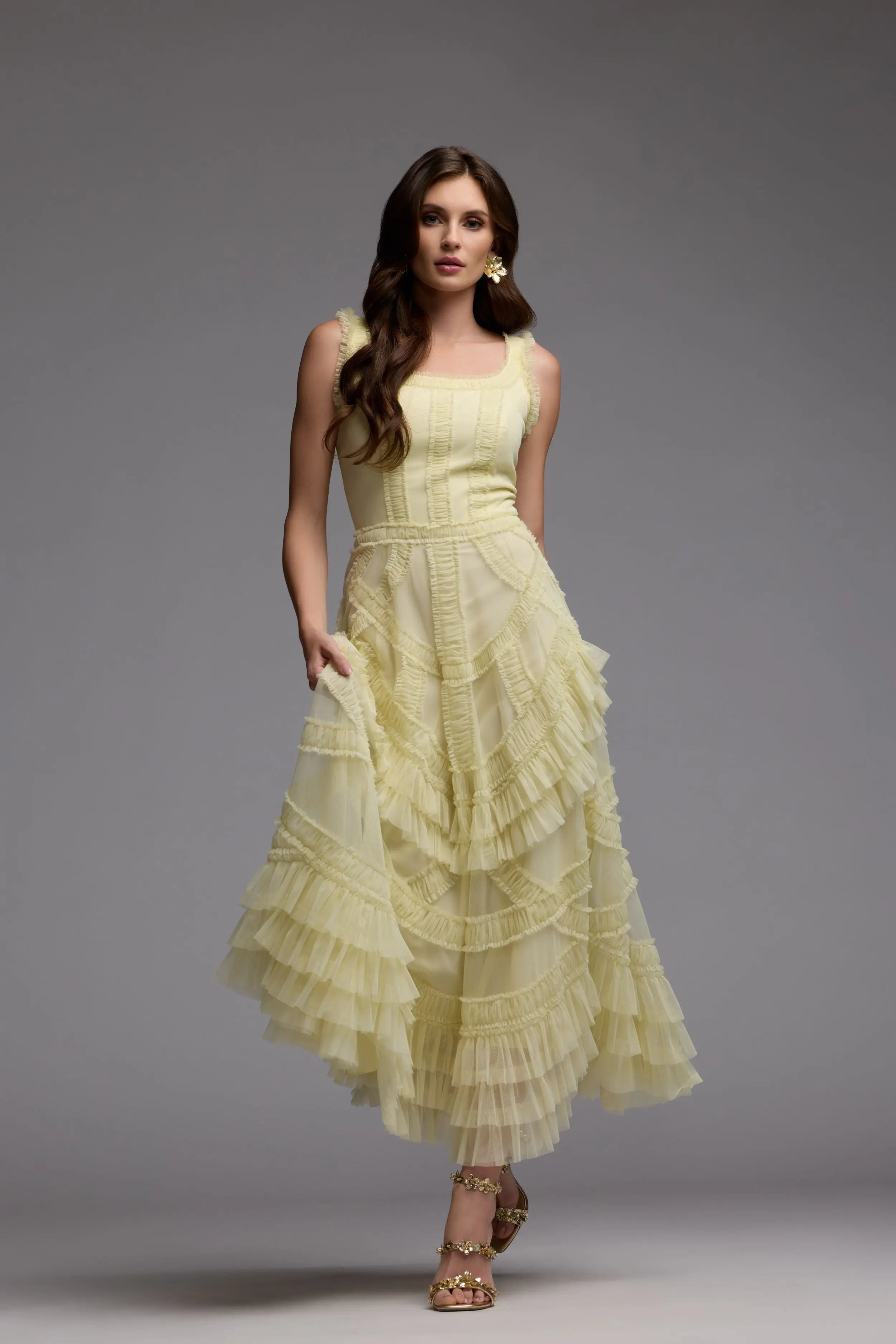 Yellow Scoop Neck Sleeveless Micro Ruffle Midi Dress
