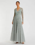 Green Embellished Wrap Over Illusion Long Sleeve A Line Gown - FINAL SALE