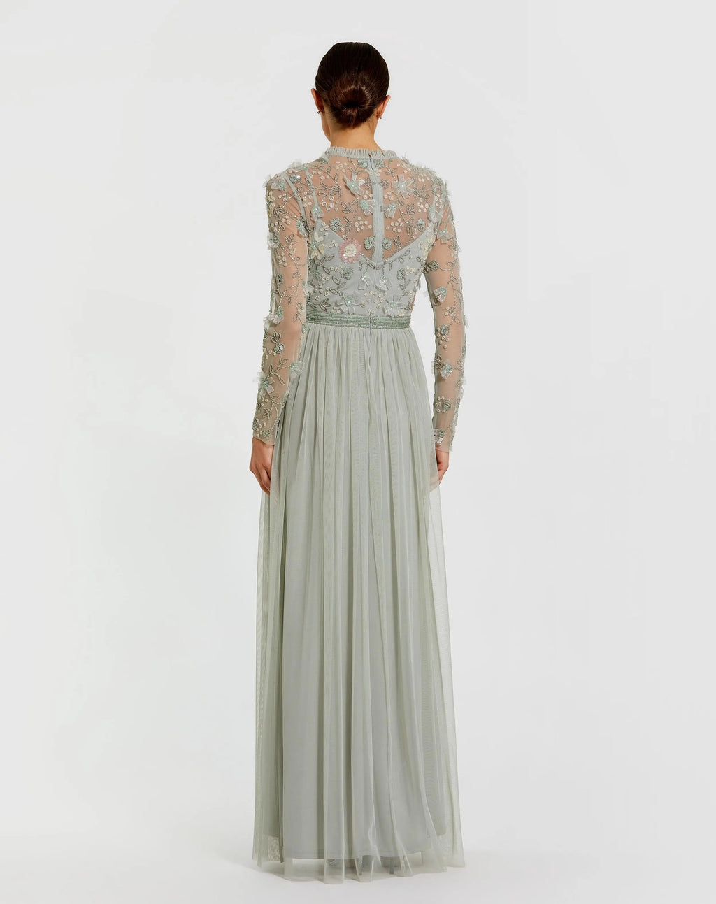 Green Embellished Illusion High Neck Long Sleeve Gown