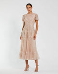 Light Pink Embellished High Neck Flutter Sleeve A Line Dress