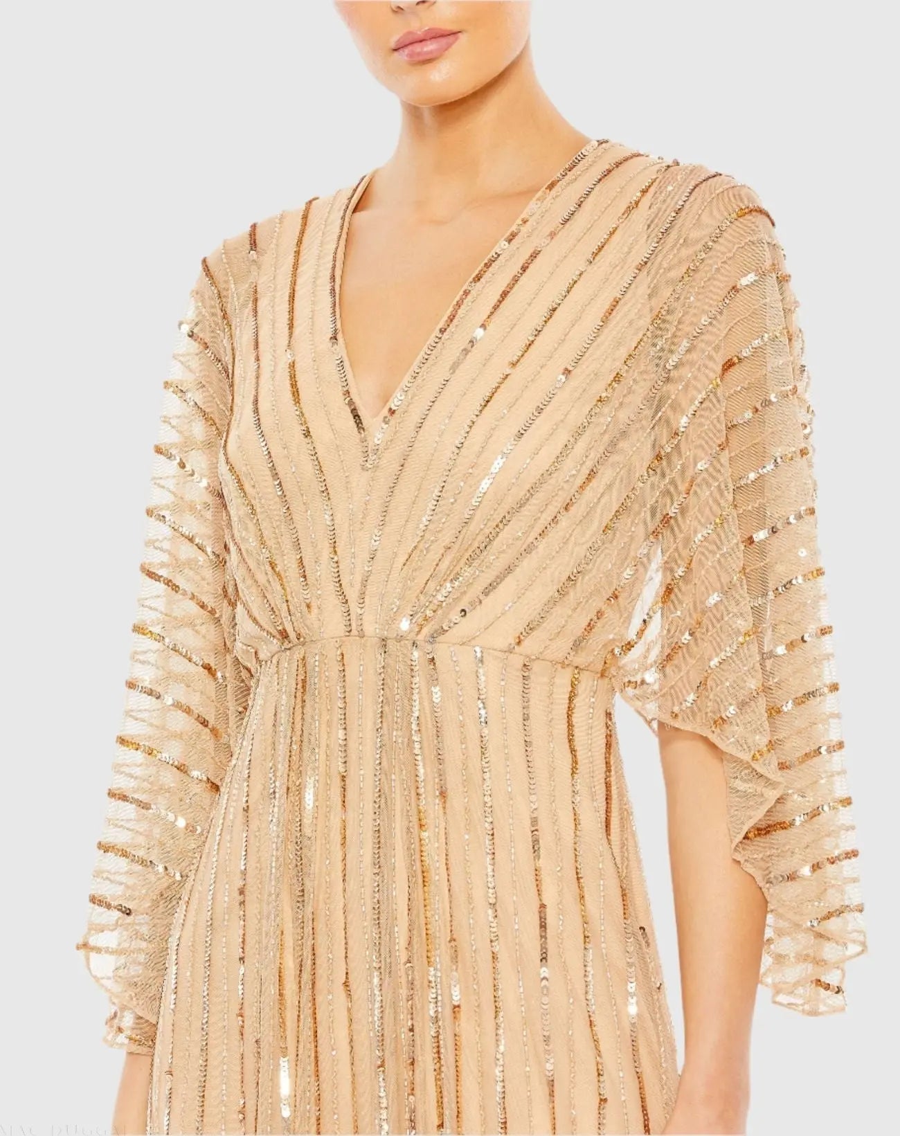 Beige Beaded Striping Kimono Sleeve V Neck Gown - FINAL SALE