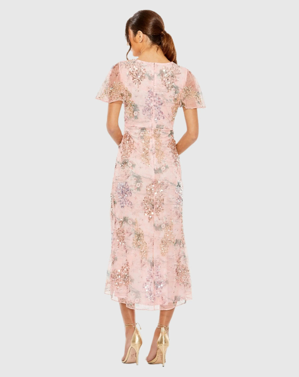 Pink Embellished Floral Flutter Sleeve Midi Dress