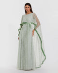 Green Beaded Cape Sleeve Gown With Ruffle Trim