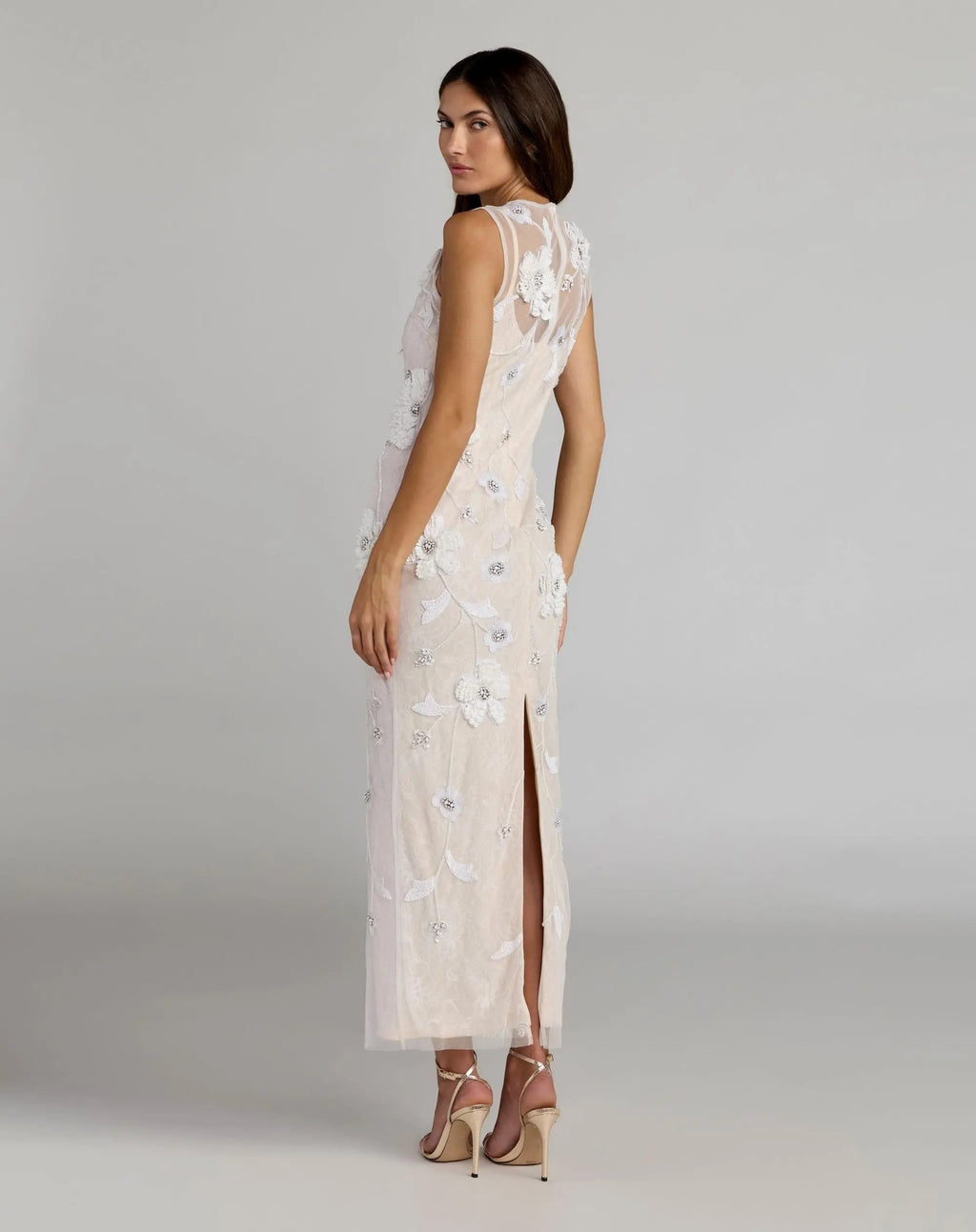 White Sleeveless Embellished Lace Column Dress